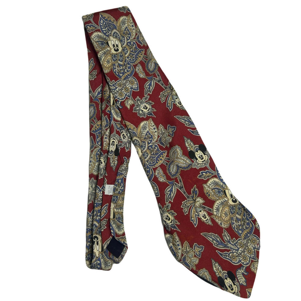 Disney Neck Tie -  Mickey Mouse Red Paisley Floral Print 100% Silk